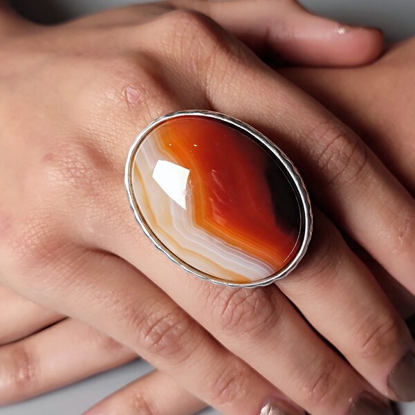 Grande bague en pierre avec AGATE, bague en argent, ouverte réglable, fantaisie, bague semi-précieuse, bague en pierre brune, grande bague pour femme