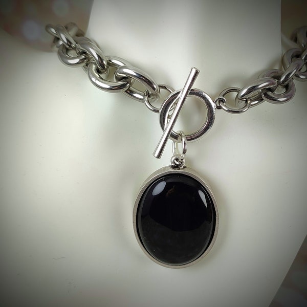 Chunky silver statement necklace, black Onyx choker necklace, large pendant necklace, black stone pendant
