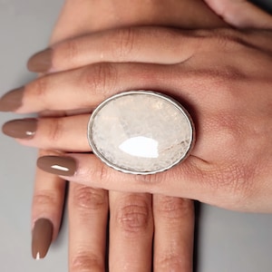 Large white Quartz gemstone statement ring. Chunky adjustable  silver oval cocktail dress ring. Anniversary / Birthday gift for her.