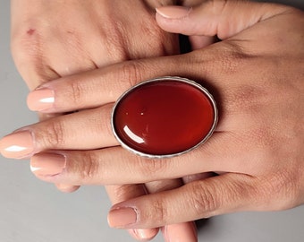 Carnelian ring, large oval ring, one size adjustable large red gemstone ring, cocktail statement ring