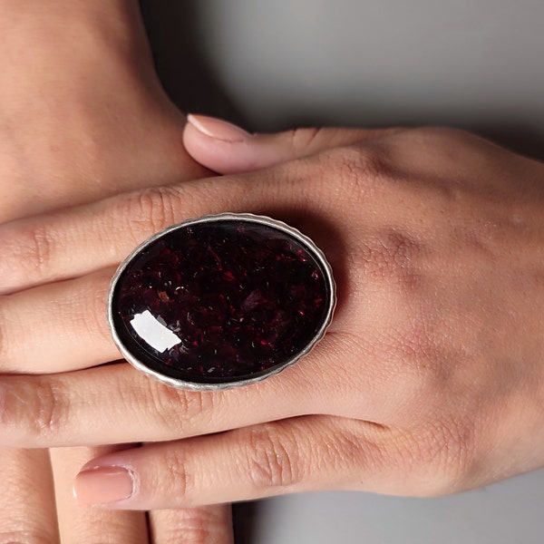 Garnet ring large semi precious gemstone ring adjustable oval ring dark red ring