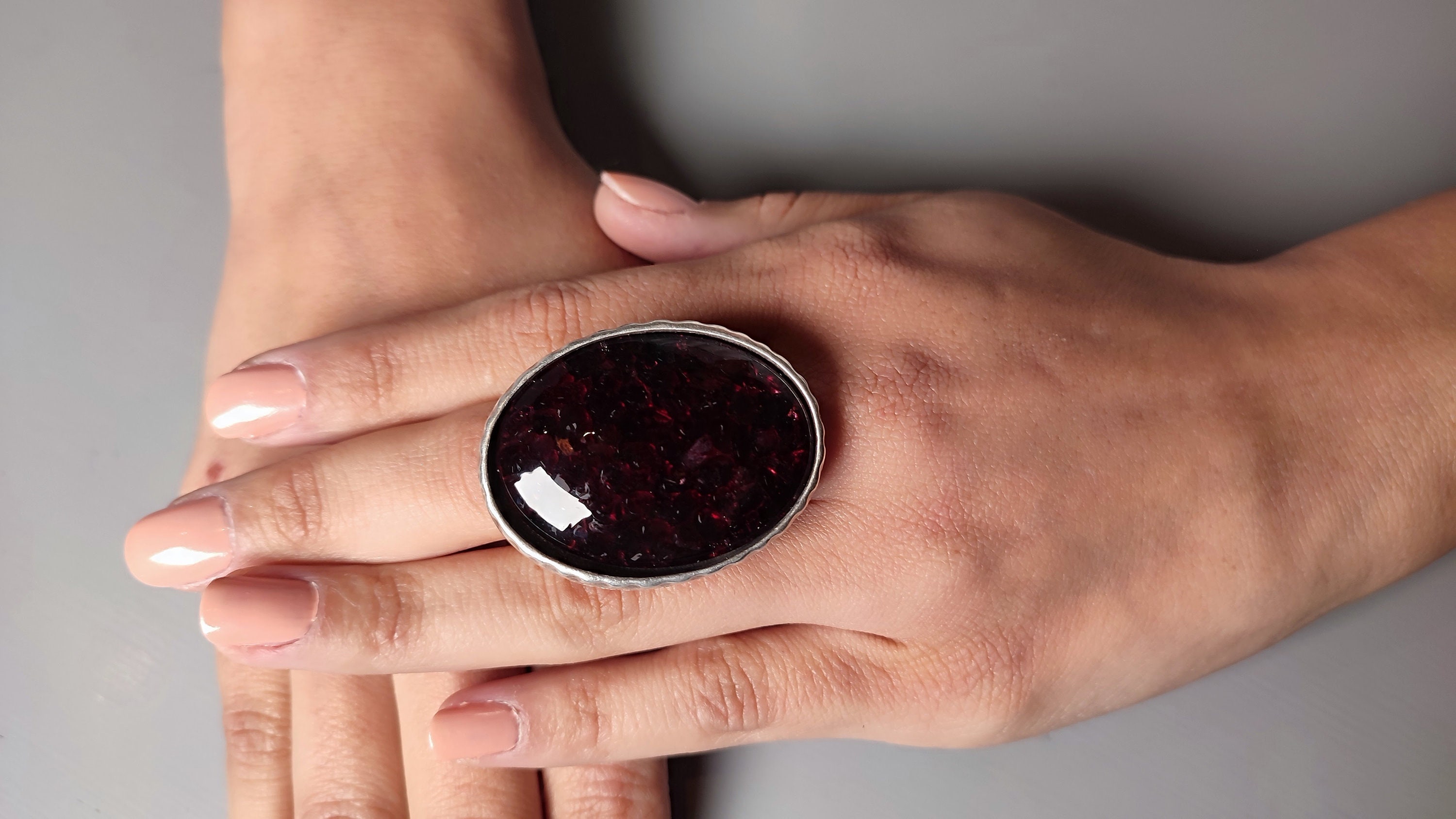 Garnet ring large semi precious gemstone ring adjustable oval ring dark red ring