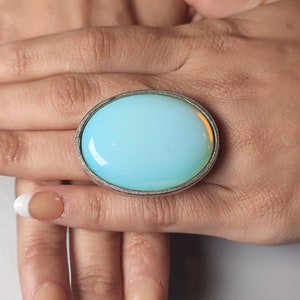Adjustable Opalite Silver Ring: Large Oval Cocktail Statement Ring