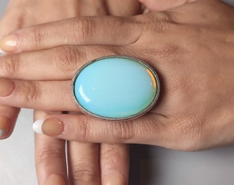 Handmade Moonstone Opalite Statement Ring: Adjustable Silver Band