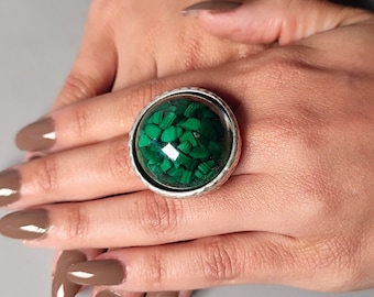 Malachite silver ring, antique silver green gemstone ring, chunky silver cocktail ring