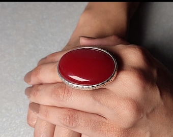 Adjustable Red Malaysia Jade Ring: Chunky Silver Statement Ring