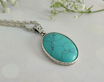 Turquoise pendant necklace, Turquoise Howlite stone pendant, large pendant, silver pendant