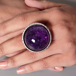 Adjustable Amethyst Statement Ring: Antique Silver Cocktail Ring