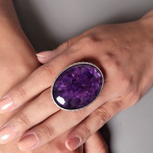 Amethyst silver ring, large purple stone ring, adjustable silver statement ring