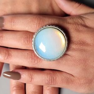 MOONSTONE OPALITE RING with Open Adjustable Band Big Round Dome Cabochon Iridescent Crystal Gemstone Ring June Birthstone