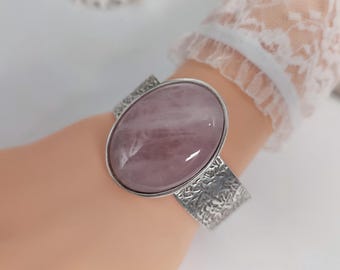Cuff bracelet Rose quartz bangle, rose quartz bracelet, chunky silver cuff bracelet, semi precious bangle
