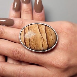 Jasper ring, Picture Jasper statement cocktail ring, large stone adjustable silver ring. Natural brown stone cocktail ring.