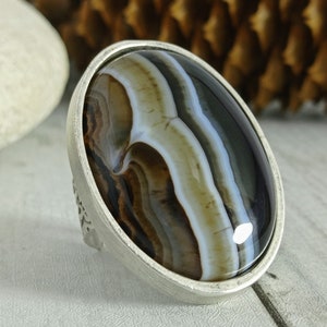Oval cabochon gemstone cocktail statement ring large Agate adjustable silver ring