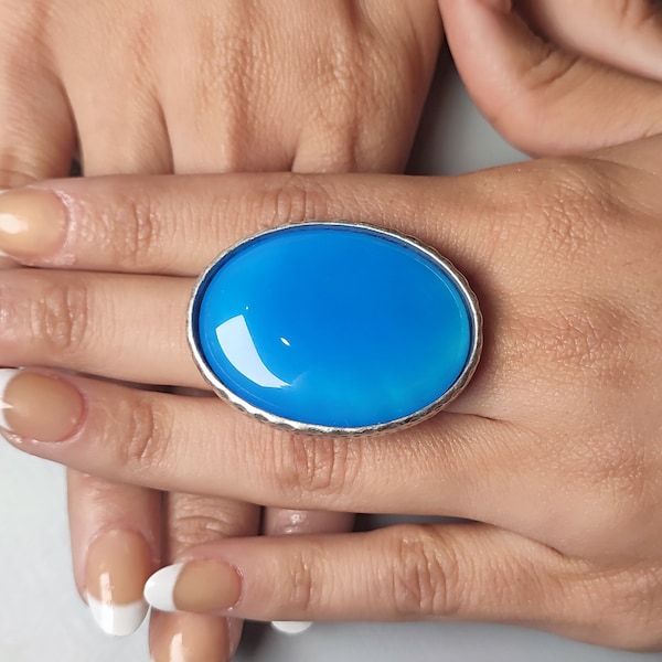 Large blue gemstone cocktail statement ring, big oversized oval silver  ring, big stone ring