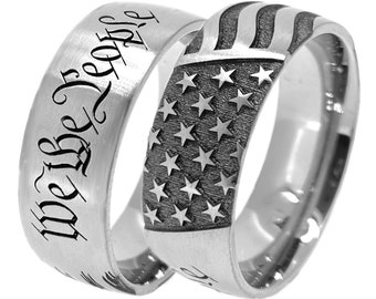 Titanium Ring, Engraved - US Flag / We The People