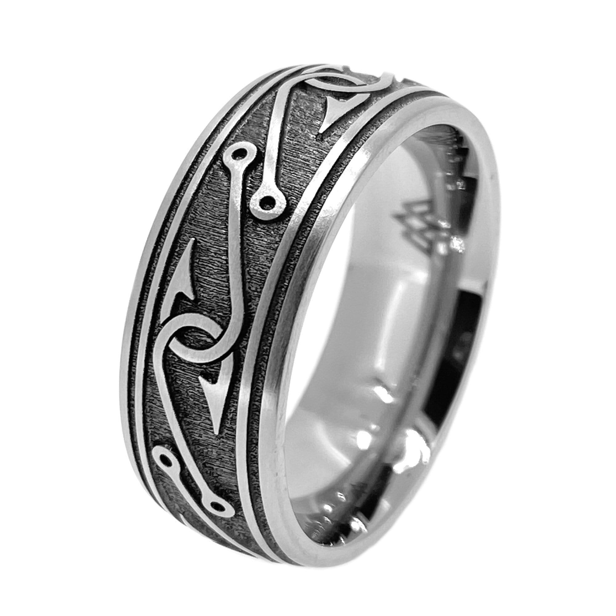 Titanium Ring, Engraved Fish Hooks 