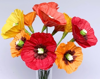 DIY Paper Flower Kit:  Poppy Bouquet（4 Colors）| Set of 10 Flowers | Gift For Loved One | Home Decor | Kid Friendly Craft Kit