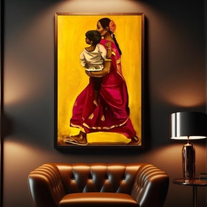 Indian Woman Painting on Canvas, Indian Mother and Child Artwork, Indian Folk Desi Art, Indian Wall Art, Aesthetic Wall Decor