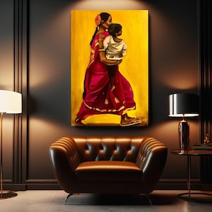 Indian Woman Painting on Canvas, Indian Mother and Child Artwork, Indian Folk Desi Art, Indian Wall Art, Aesthetic Wall Decor