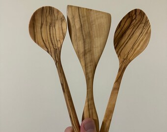 Olive Wood SPOONS & SPATULA Mixer Spoon Kitchen Utensil Set 3 Pcs (Handmade)