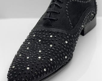 Handcrafted Men's Oxford Shoes Black with Rhinestones | Luxury Show Shoes | Glitter Designer Men's Shoes | Elegant Party Stage Shoes
