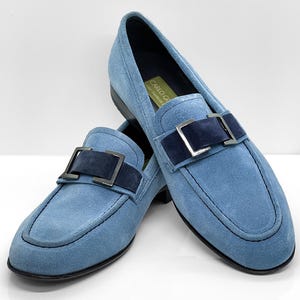 Handcrafted men's loafers – light blue suede, elegant slippers with buckle, luxury men's shoes, Italian leather shoes