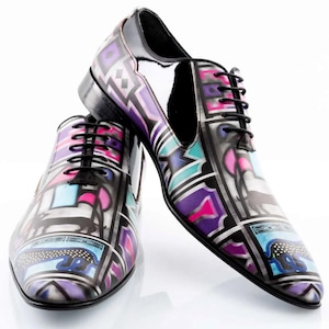 Hand-painted men's shoes – designer Oxfords, colorful purple blue, handcrafted leather, unique art shoes, luxury wedding shoes