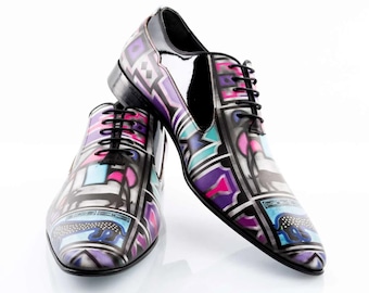 Handbeschilderde herenschoenen – designer Oxfords, kleurrijk paarsblauw, handgemaakt leer, unieke kunstschoenen, luxe bruidsschoenen