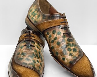 Handmade men's shoes – Italian leather, brown and green patterned, designer Oxfords with suede, luxury men's shoes