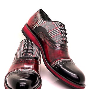 Handcrafted men's brogues – red and black check, leather and fabric mix, designer Oxfords with brogue detail, optional belt