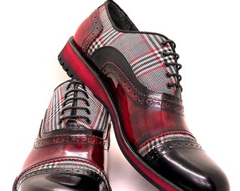 Handcrafted men's brogues – red and black check, leather and fabric mix, designer Oxfords with brogue detail, optional belt
