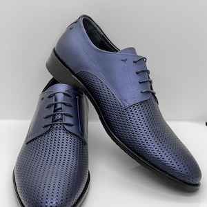Handmade men's shoes – blue, leather with woven look, elegant Oxfords for men, lightweight summer shoes