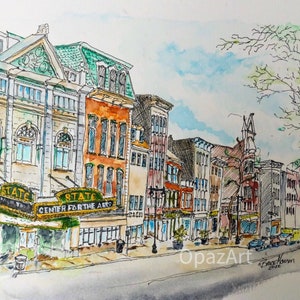 Original Aquarell-Skizze. Eine farbenfrohe Ergänzung für jedes Wohn- oder Bürodekor, die den Charme des State Theater & Street in Easton, PA, darstellt