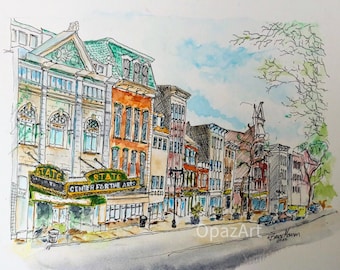 Original Watercolor Sketch. A colorful addition to any home or office decor, depicting The Charm of The State Theatre & Street In Easton, PA