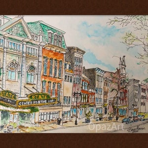 May include: Watercolour painting of a city street scene with a row of buildings, including a theatre with the sign "State Center for the Arts". The buildings are painted in shades of brown, yellow, and green, with a blue sky and white clouds in the background.