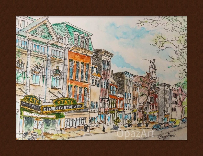May include: Watercolour painting of a city street scene with a row of buildings, including a theatre with the sign "State Center for the Arts". The buildings are painted in shades of brown, yellow, and green, with a blue sky and white clouds in the background.