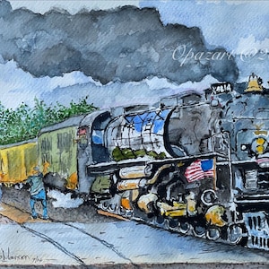 May include: A watercolor painting of a black steam locomotive emitting dark smoke, featuring a small American flag on the front, yellow and green passenger cars, and three figures standing near the tracks, signed by the artist Bruce Marron.