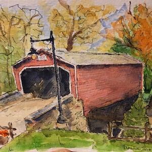 COVERED BRIDGE WATERCOLOR Fine Art Print by Artist B. Mannon