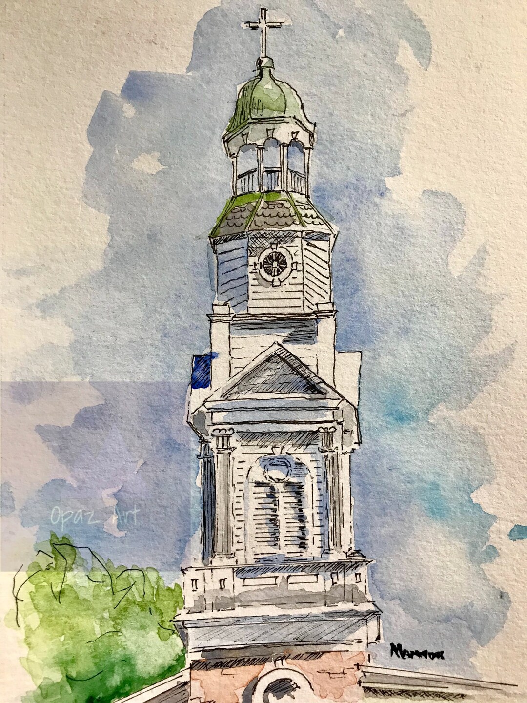 Church Steeple Watercolor Print: Easton, Pennsylvania Architecture