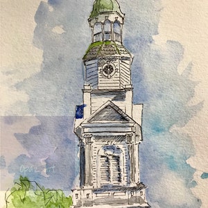 Church Steeple watercolor,Steeple pen and Ink, church, Easton,Pennsylvania, sketch drawing,architecture