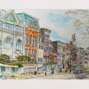 May include: Watercolour painting of a city street scene with a row of brick buildings. The building on the left has a sign that reads "State Centre for the Arts".