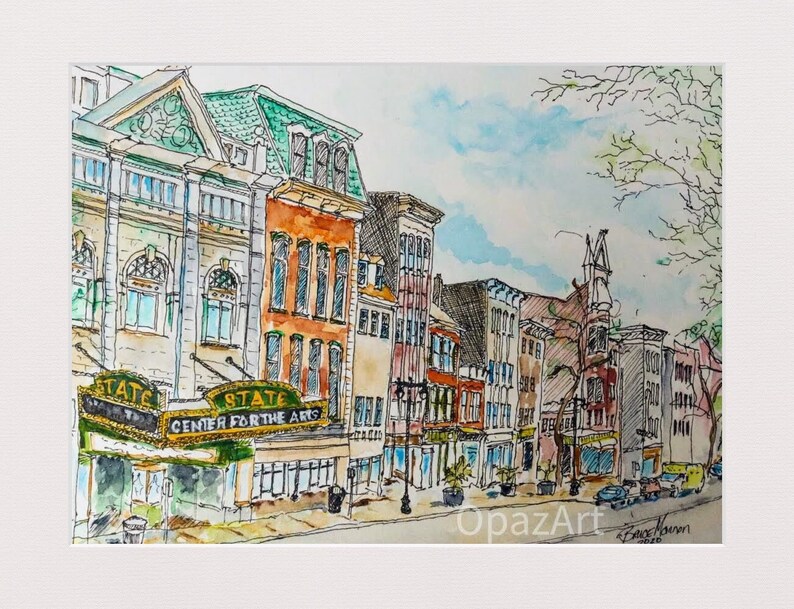 May include: Watercolour painting of a city street scene with a row of brick buildings. The building on the left has a sign that reads "State Centre for the Arts".
