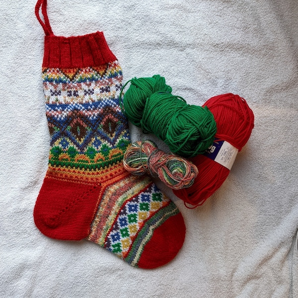 PDF Modèle de tricot Flocon de neige Bas de Noël, Rainbow Fair Isle Stocking Modèle téléchargeable, Décoration de Noël Modèle de tricot facile