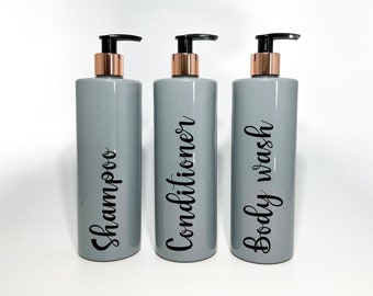 Mrs Hinch Inspired Grey Bathroom Bottle with Black Rose Gold Lid - Reusable Personalised Dispensers, Shampoo, Conditioner, Body Wash