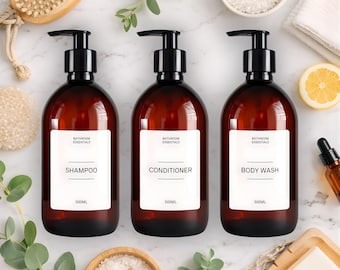 Mrs Hinch Inspired Amber Bathroom Bottle - Reusable Personalised Dispensers, Shampoo, Conditioner, Body Wash Minimalistic