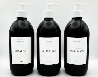 Mrs Hinch Inspired Black Bathroom Bottle - Reusable Personalised Dispensers, Shampoo, Conditioner, Body Wash Minimalistic