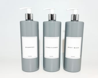 Mrs Hinch Inspired Grey Bathroom Bottle - Reusable Personalised Dispensers, Shampoo, Conditioner, Body Wash