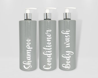 Mrs Hinch Inspired Grey Bathroom Bottle With White and chrome Pump Lid- Reusable Personalised Dispensers, Shampoo, Conditioner, Body Wash