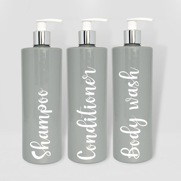 Mrs Hinch Inspired Grey Bathroom Bottle With White and chrome Pump Lid- Reusable Personalised Dispensers, Shampoo, Conditioner, Body Wash