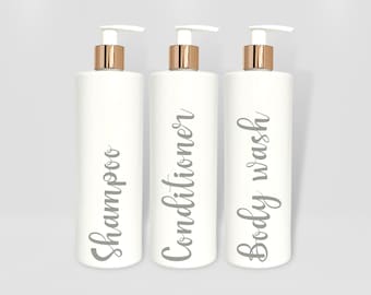 Mrs Hinch Inspired White Bathroom Bottle with White and Rose Gold Lid - Reusable Personalised Dispensers, Shampoo, Conditioner, Body Wash